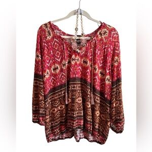 New Directions Red and Brown Boho Blouse
